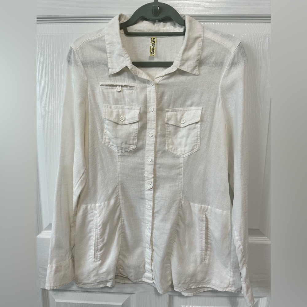 Free People linen cotton blend tunic shirt jacket top with white size medium